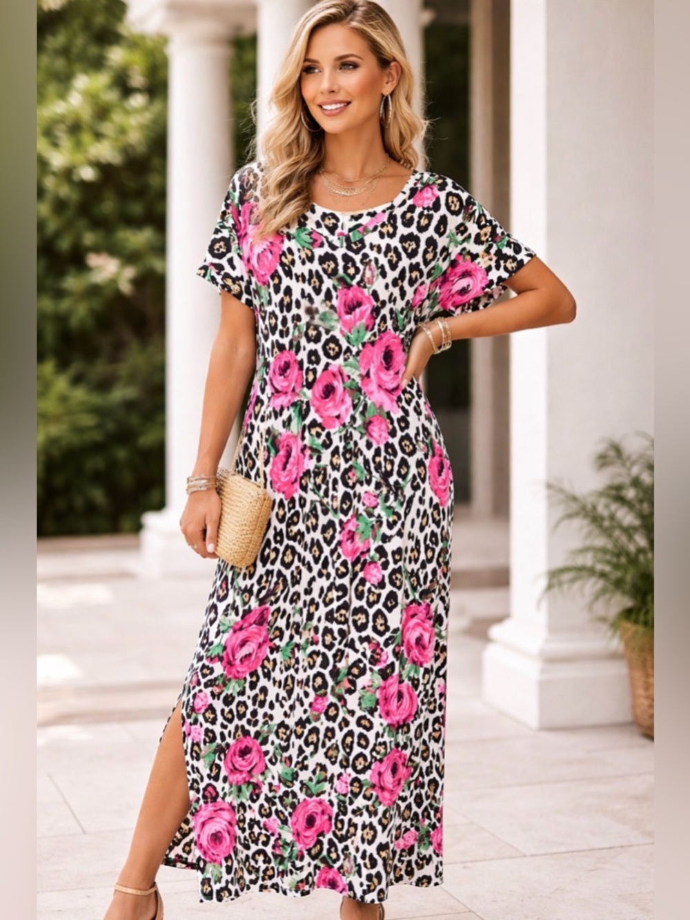 Lilypad short sleeve side slit cheetah/rose print maxi dress